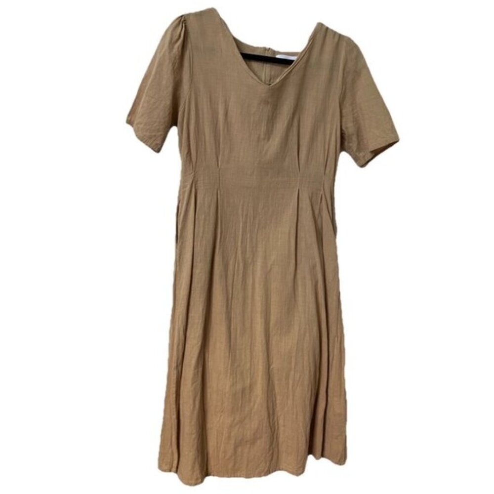 Oak  Fort Midi Dress Womens S Tan Linen Cotton Prairie Vneck Minimalist Neutral